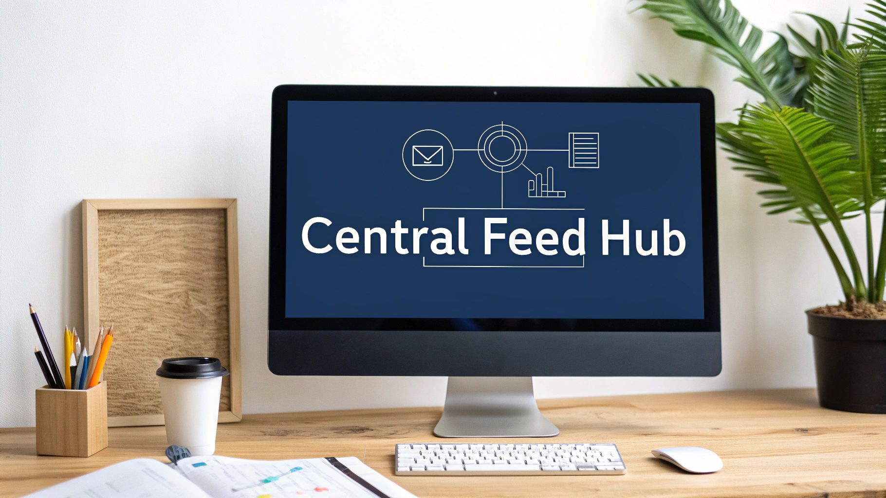 How AI Search Engines Interpret Product Feeds: A Guide for Retail Leaders 4 A computer screen displaying 'Central Feed Hub' on a dark blue background, with various data icons.