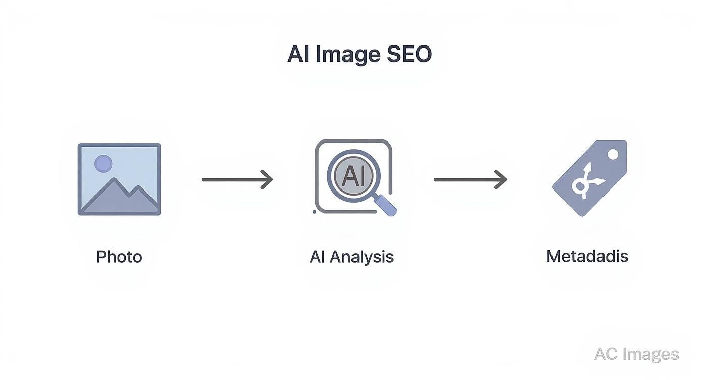 Agentic Shopping SEO: Your Australian Retail Roadmap 3 Infographic showing the three-step process of AI image analysis, starting with an image, followed by AI analysis, and ending with metadata generation.