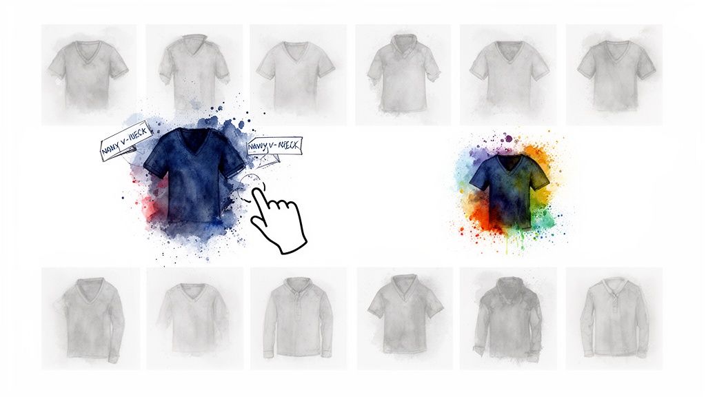Why Zero-Result Searches Keep Happening on Ecommerce Sites 2 Interactive interface for selecting clothing styles and colors, featuring a blue V-neck shirt.