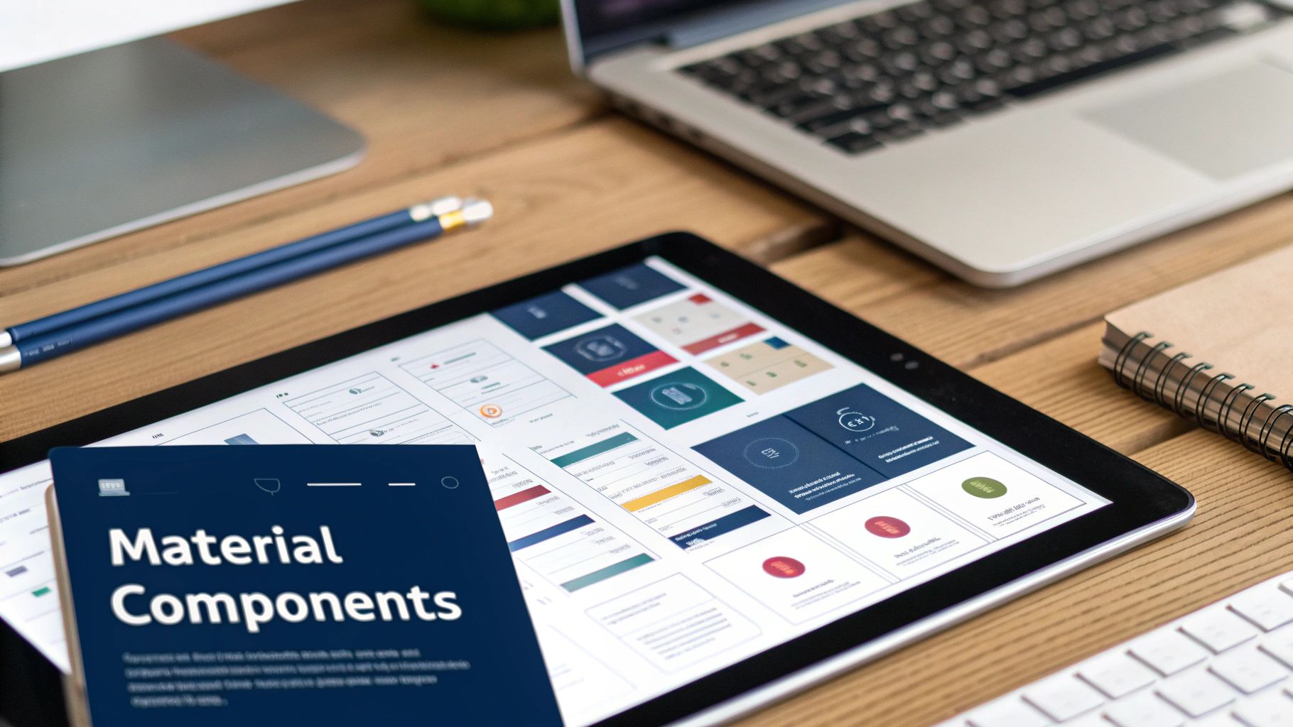 Tablet displaying Material Components design system interface with laptop and notebooks on wooden desk