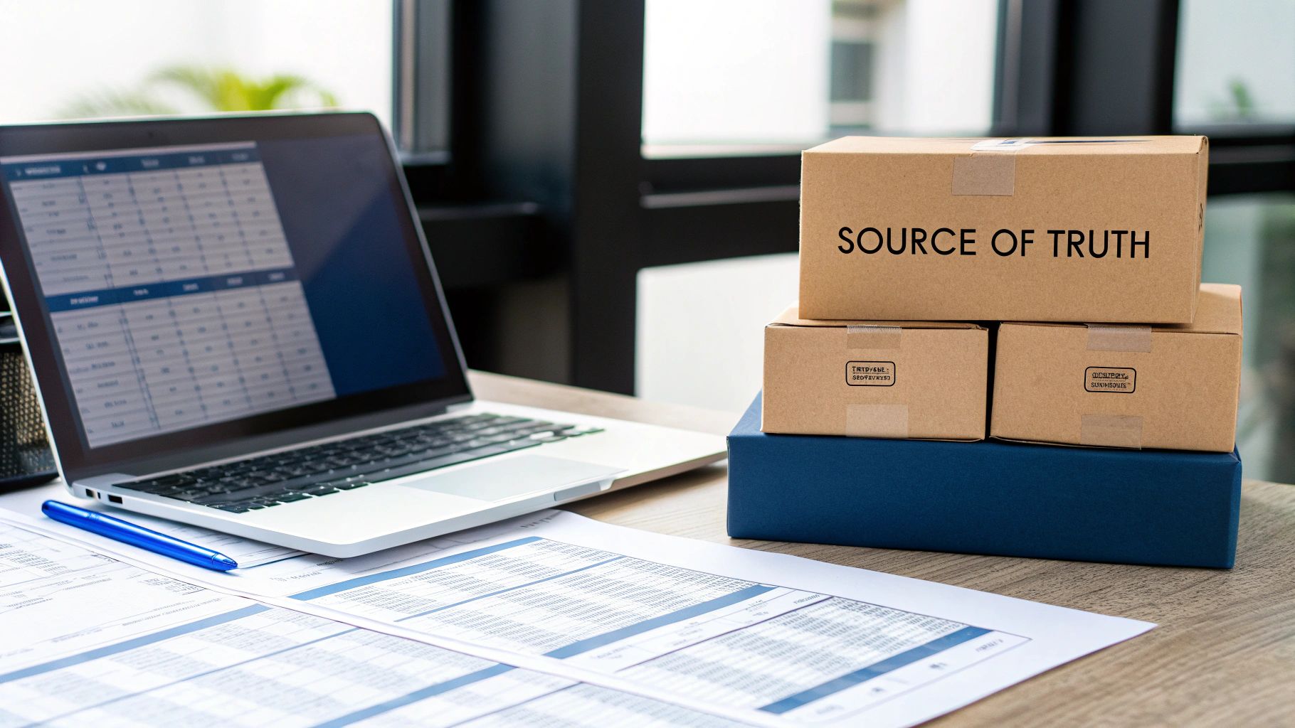 How AI Search Engines Interpret Product Feeds: A Guide for Retail Leaders 2 A desk with a laptop displaying data, financial documents, and cardboard boxes labeled 'SOURCE OF TRUTH'.