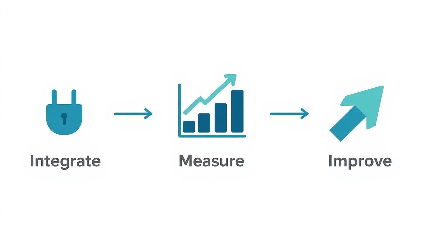 How End-to-End Product Optimisation Reduces Retail Operating Costs 4 Infographic showing a process flow for continuous improvement with steps for Integrate, Measure, and Improve, using icons and a clean design.