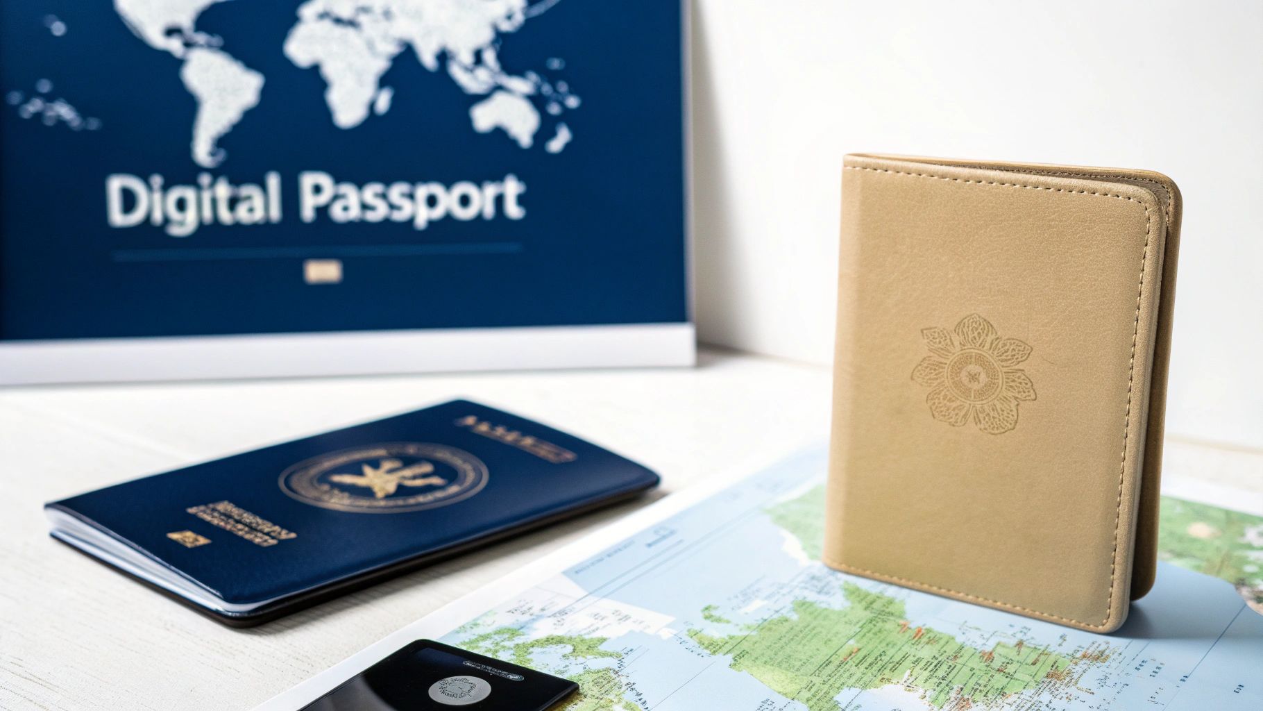 Digital Passport display, a blue passport, and a tan passport cover on a world map.