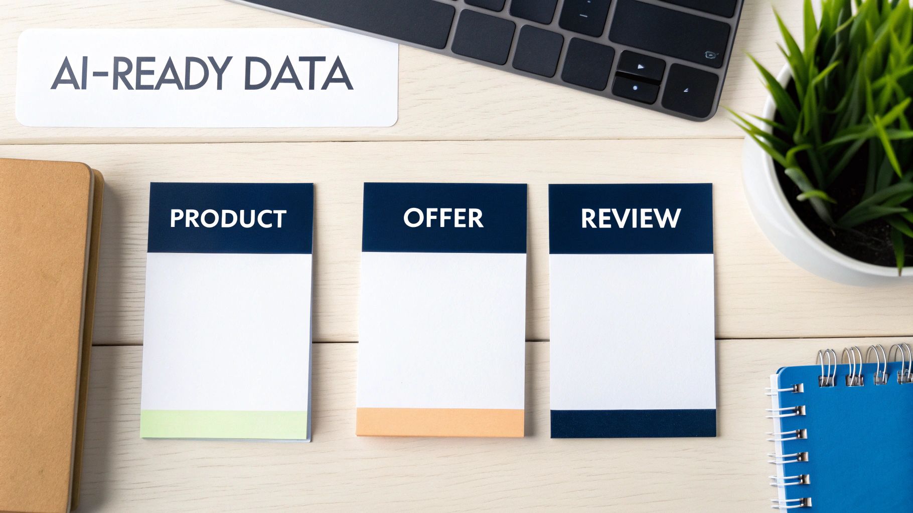 AI-ready data cards labeled Product, Offer, and Review arranged on desk with laptop and notebook