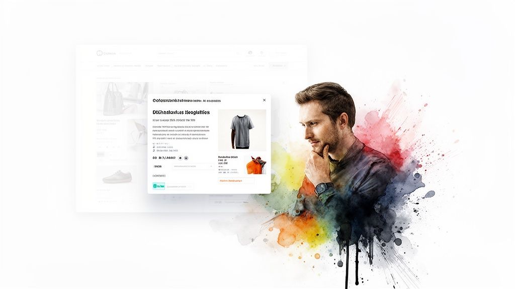 Thoughtful man looking at a product detail popup on an e-commerce website with colorful splashes.