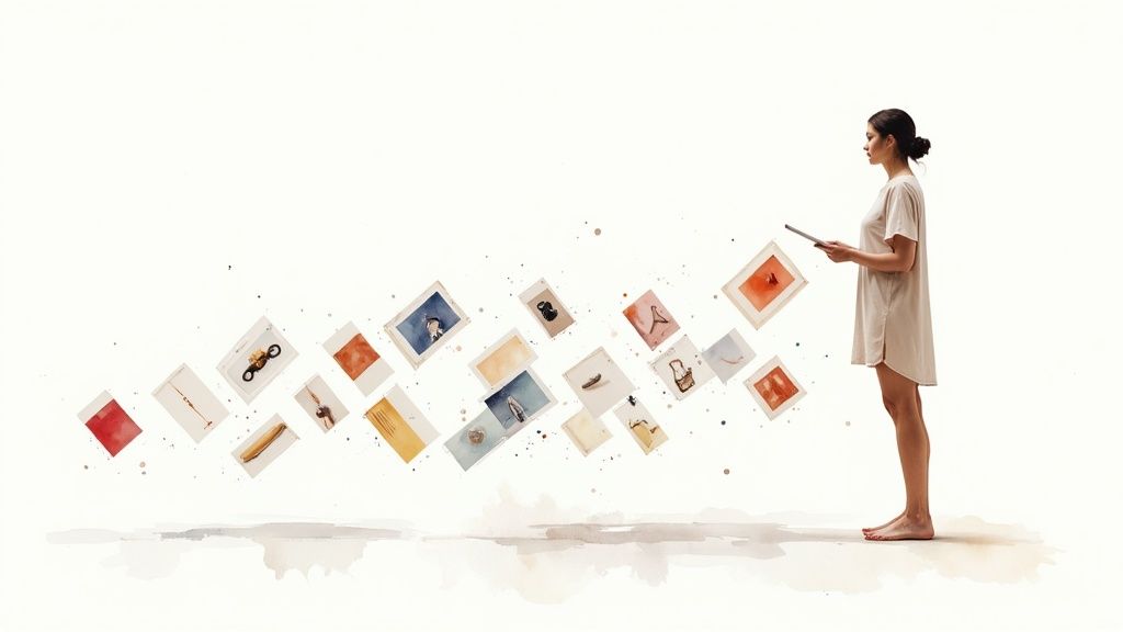 Automate Your Digital Shelf With AI Product Feeds 1 A woman views various watercolor illustrations and images flowing from her tablet.