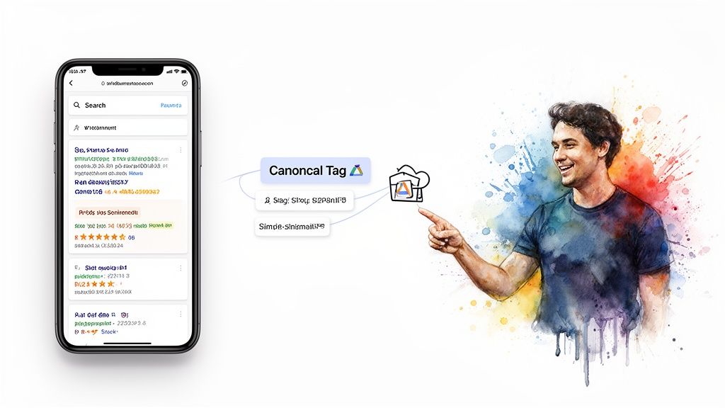 Product Page SEO: A Guide for Australian Retail Leaders 4 Smiling man explains canonical tags, SEO, and product page optimization for mobile search.