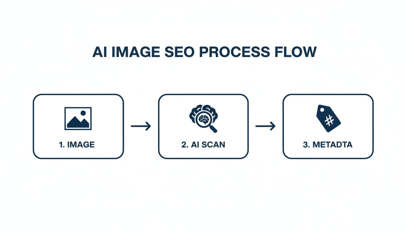 A Guide to Modern Marketing for Ecommerce in the AI Era 2 Flowchart illustrating the AI image SEO process from initial image input to AI scanning and metadata generation.