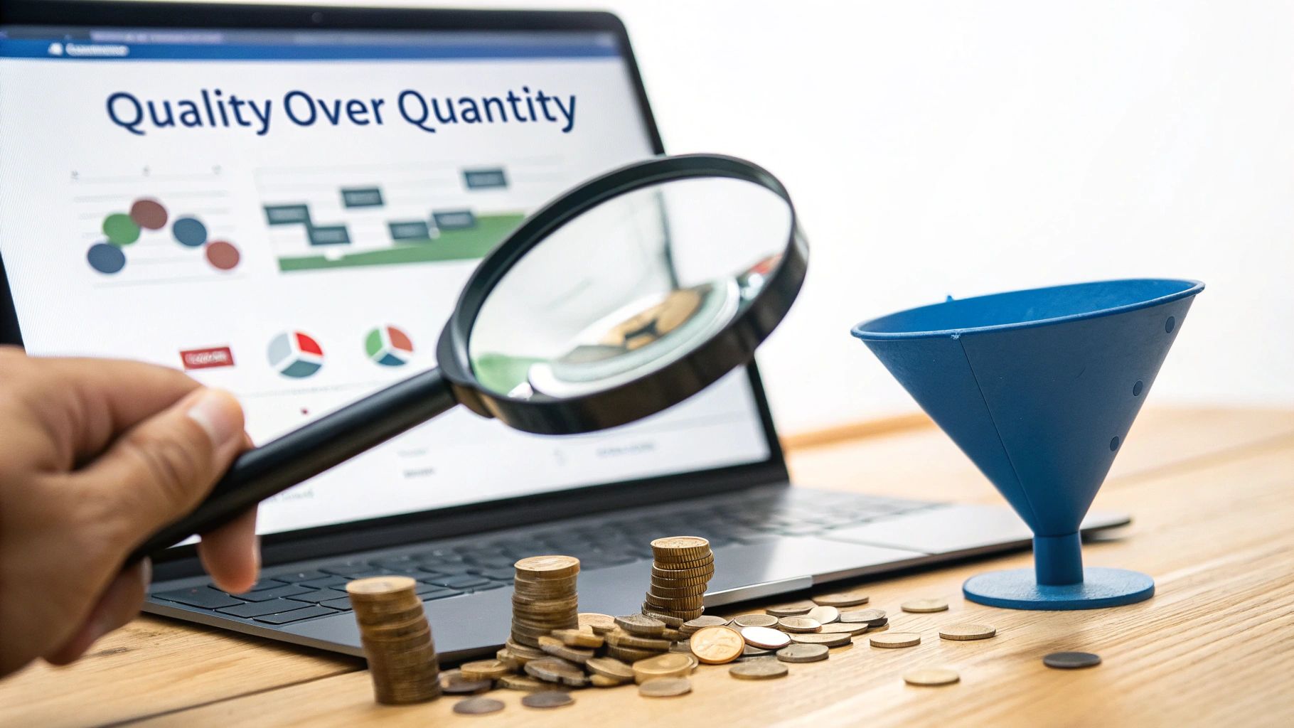 Why More Traffic Doesn’t Always Mean More Sales: A Guide for Australian Retail Leaders 2 Hand holding a magnifying glass over a laptop screen with financial charts, coins, and a blue funnel.