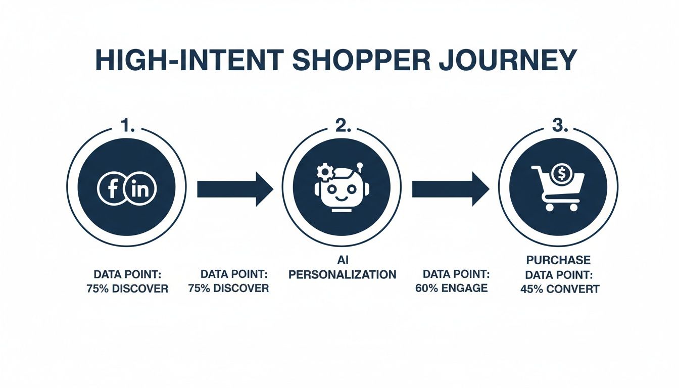 The Ultimate Guide to the ChatGPT Shopping Assistant 1 A diagram illustrates a high-intent shopper journey from social media discovery, AI personalization, to purchase.