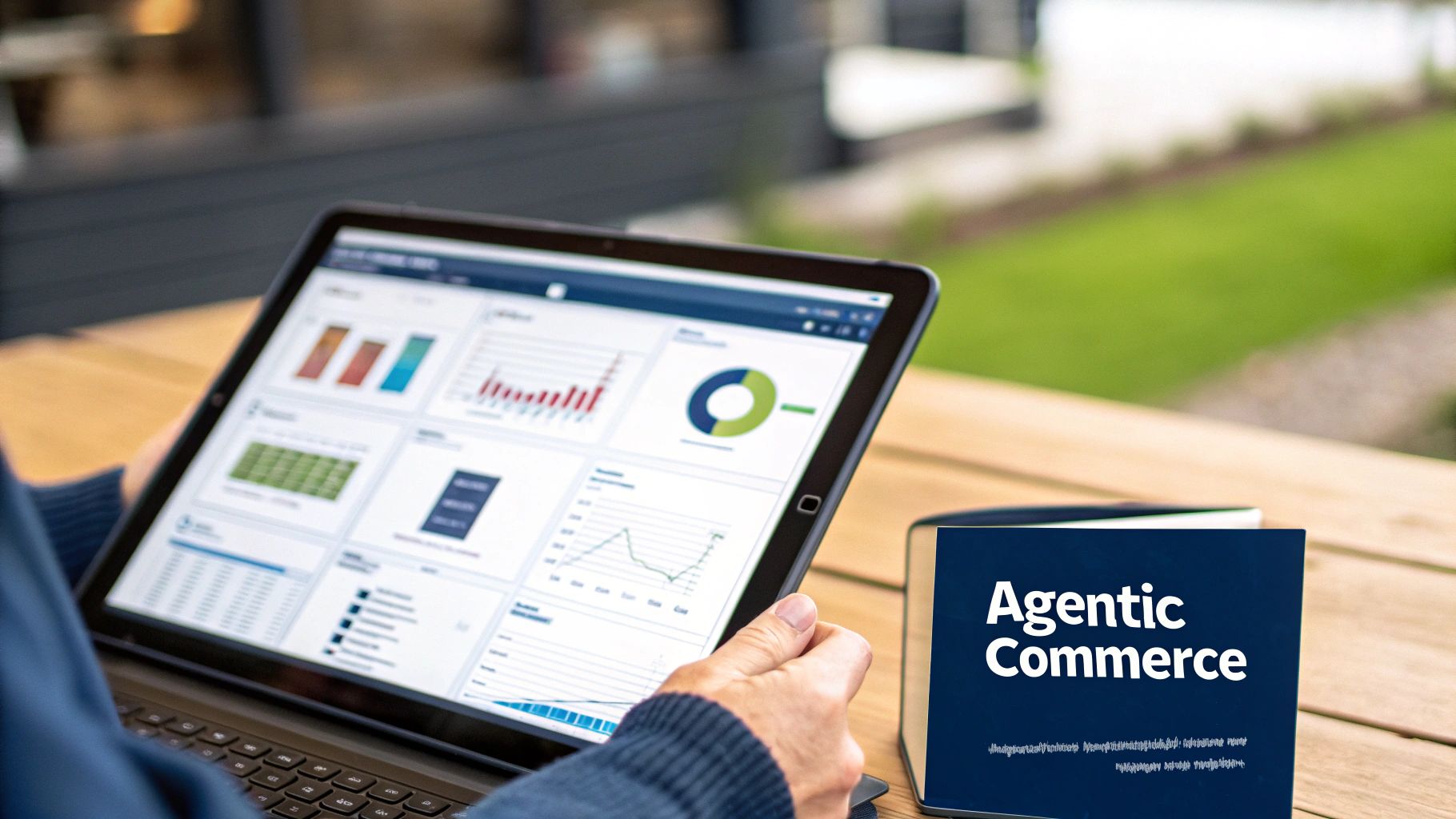 Business professional reviewing supplier data analytics dashboard on tablet showing performance charts and metrics