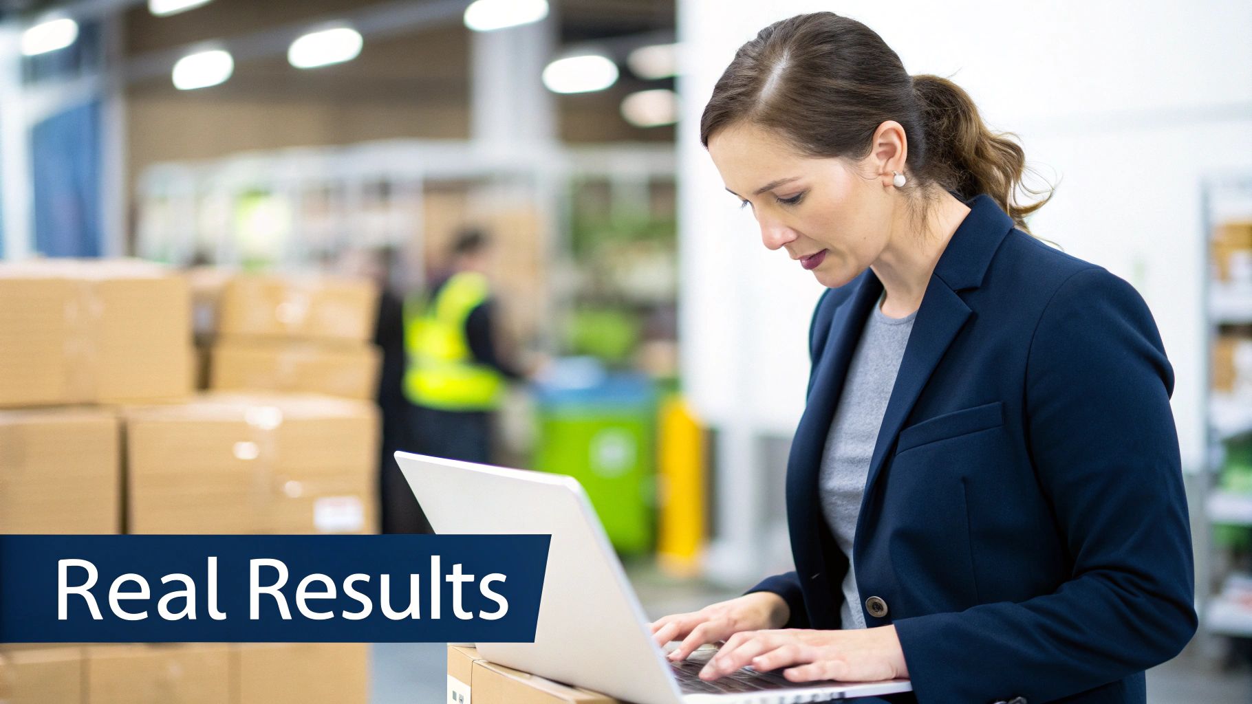 Retail Workflow Automation: The New Competitive Advantage 3 A professional woman uses a laptop in a busy warehouse setting, surrounded by cardboard boxes.