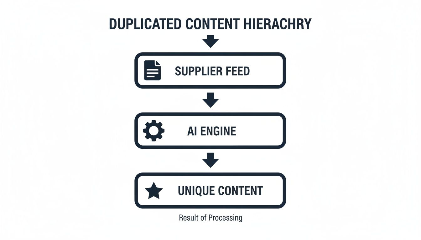 SEO and Copywriting: Boosting Retail Visibility with an AI-Driven Strategy 3 Flowchart illustrates how an AI engine transforms duplicated supplier feed content into unique content.