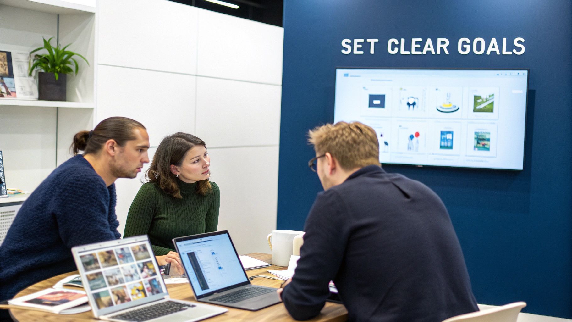 A Future-Proof Marketing Automation Strategy For Retailers 1 Three professionals collaborate in a business meeting with laptops, a screen showing 'SET CLEAR GOALS'.