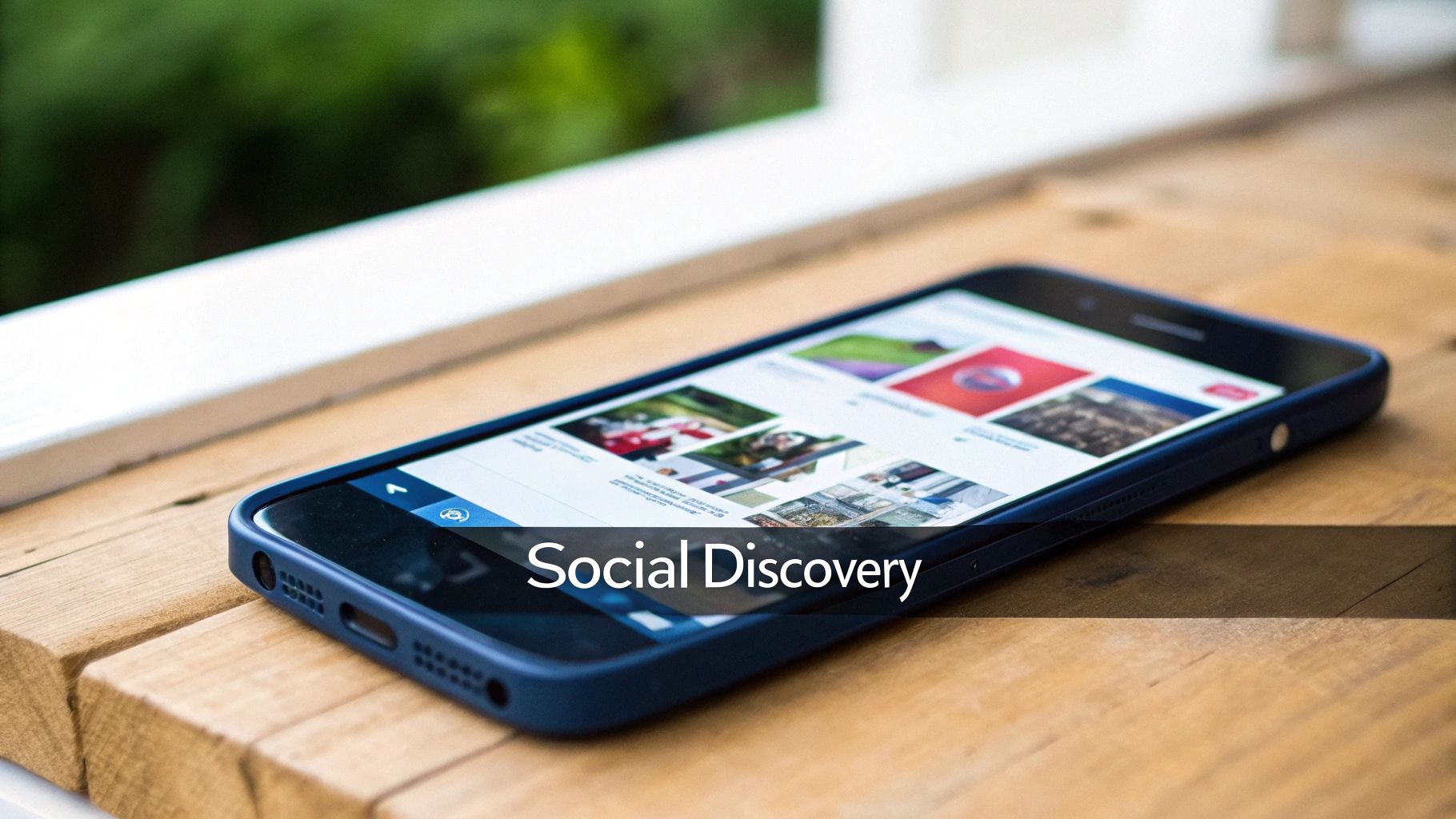 A smartphone displaying a social media feed on a wooden surface, with a "Social Discovery" overlay.
