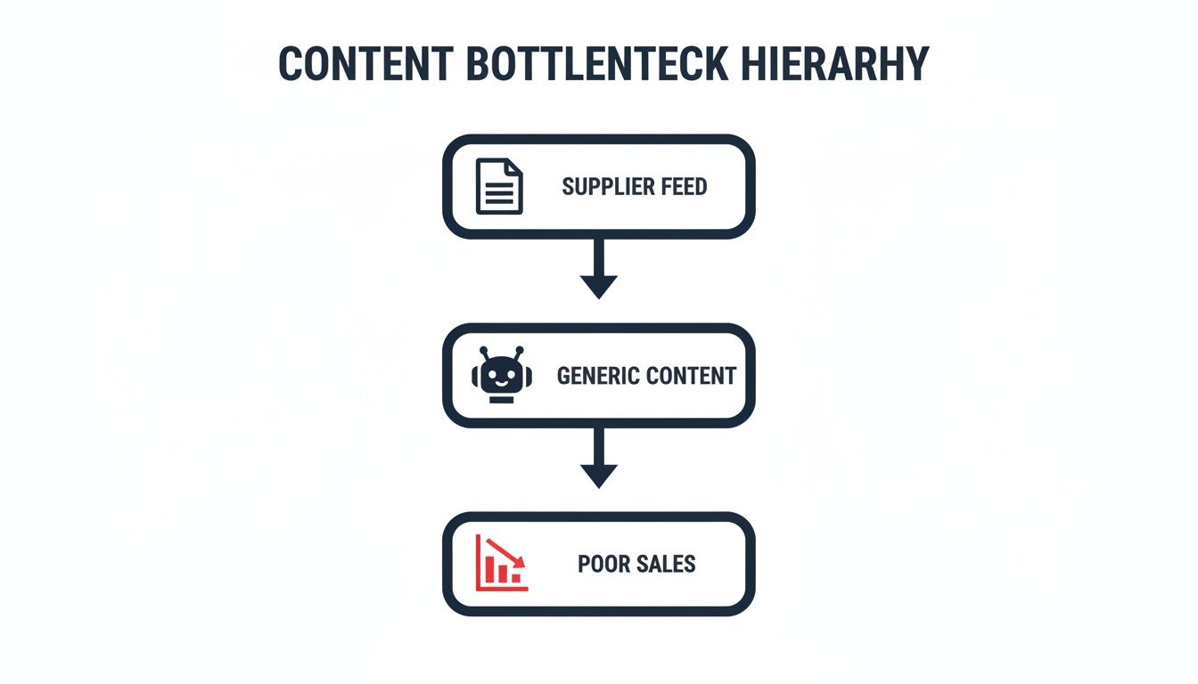 Why More Traffic Doesn’t Always Mean More Sales: A Guide for Australian Retail Leaders 3 Flowchart illustrating the content bottleneck hierarchy: supplier feed leads to generic content, causing poor sales.