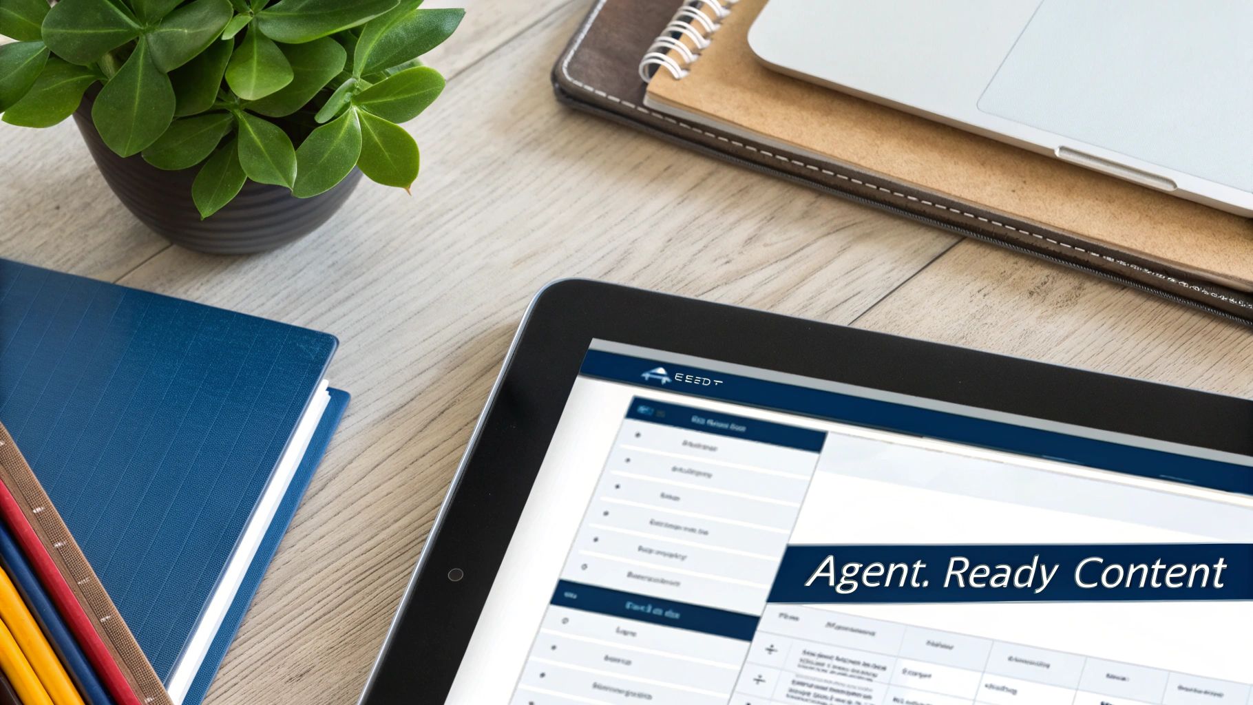 SEO and Copywriting: Boosting Retail Visibility with an AI-Driven Strategy 2 Overhead view of a clean desk with a plant, notebooks, laptop, and a tablet displaying 'Agent. Ready Content'.