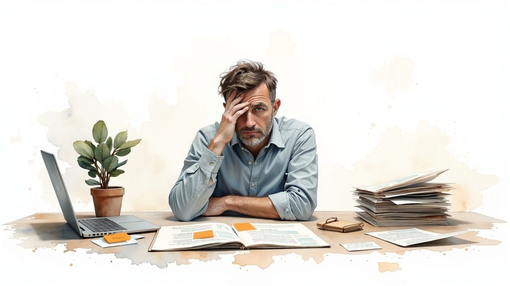 A man with a frustrated expression sits at a desk cluttered with a laptop, plant, and paperwork.