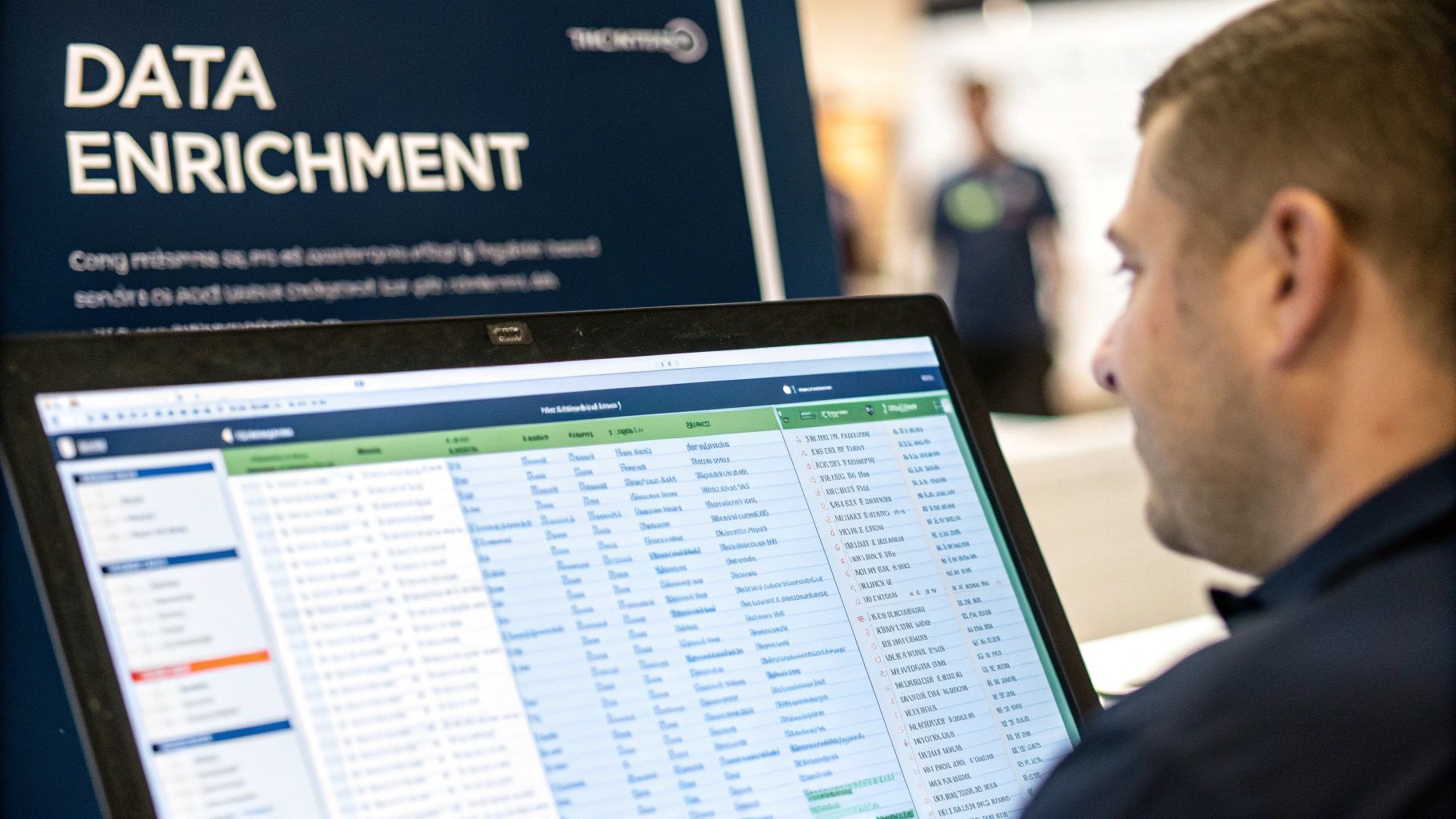 A person working on a laptop with data visualizations in the background, representing product data enrichment.