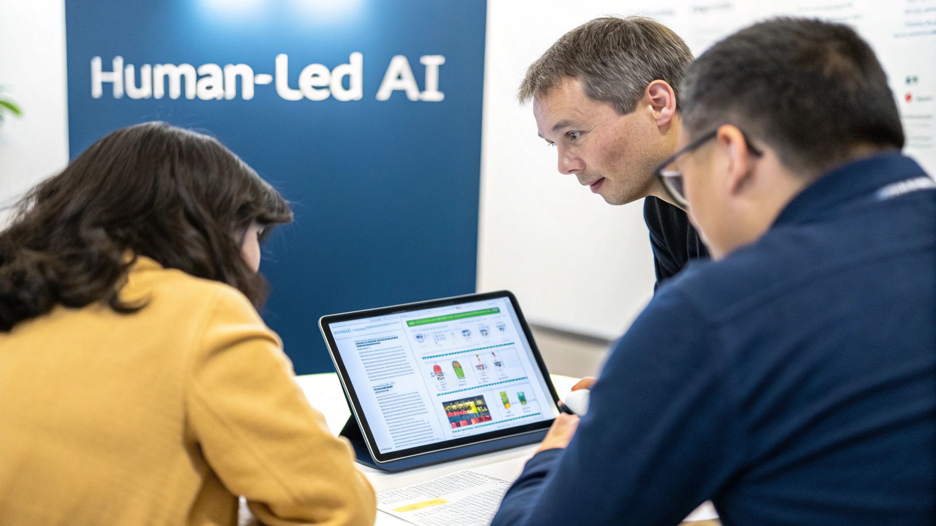 Enterprise SEO Optimisation Insights for the AI Era 3 Three colleagues intently discuss and analyze data displayed on a tablet with 'Human-Led AI' in the background.