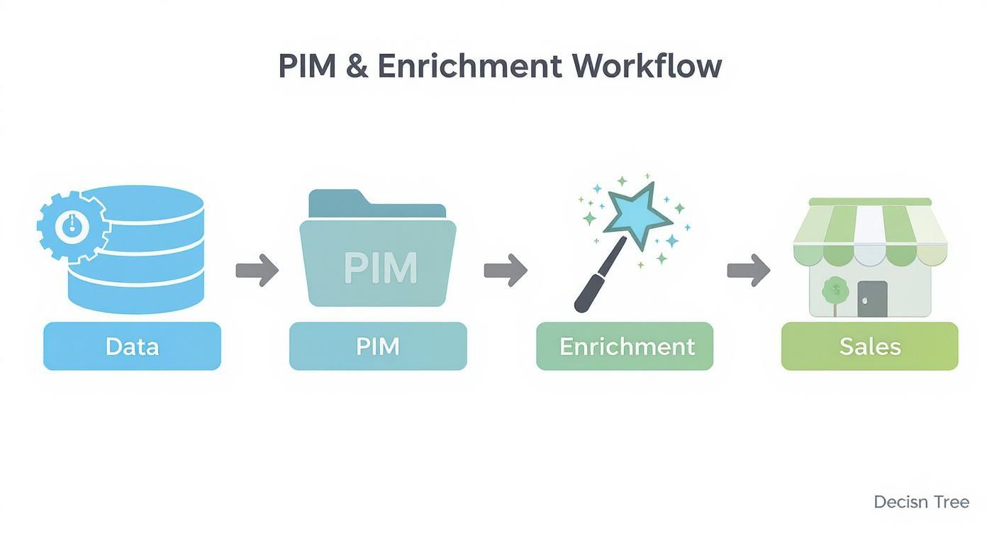 Workflow diagram showing data flowing through PIM system, enrichment process, to sales channel