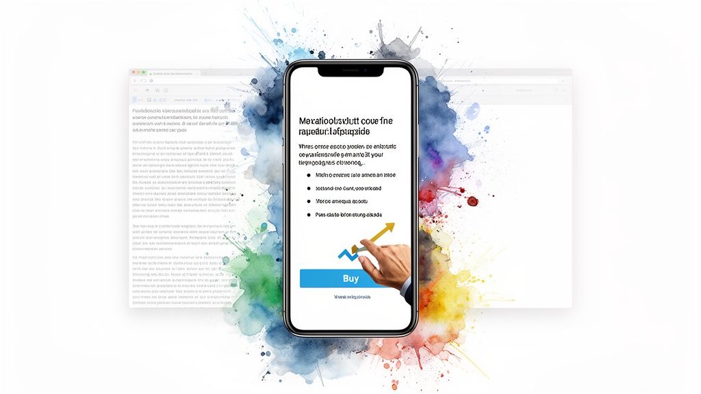 Smartphone app with a 'Buy' button and hand interacting with a graph, surrounded by vibrant watercolor splashes.