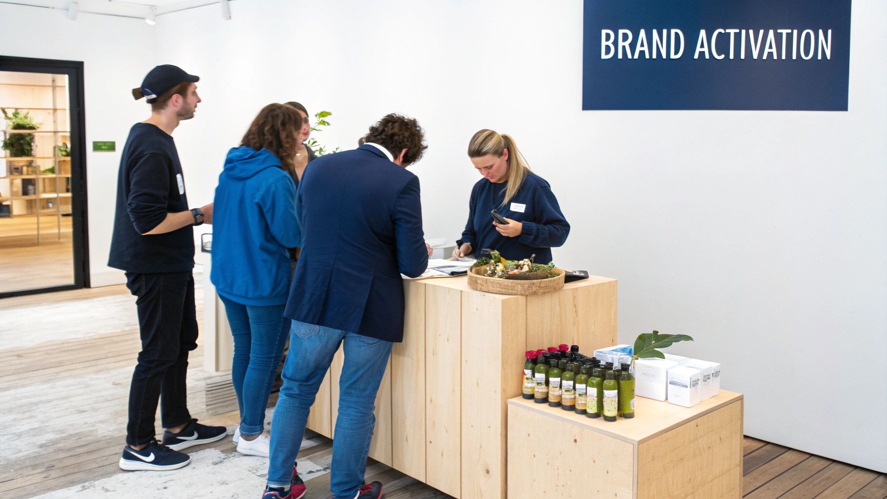 People interact at a registration desk with products displayed at a brand activation event.