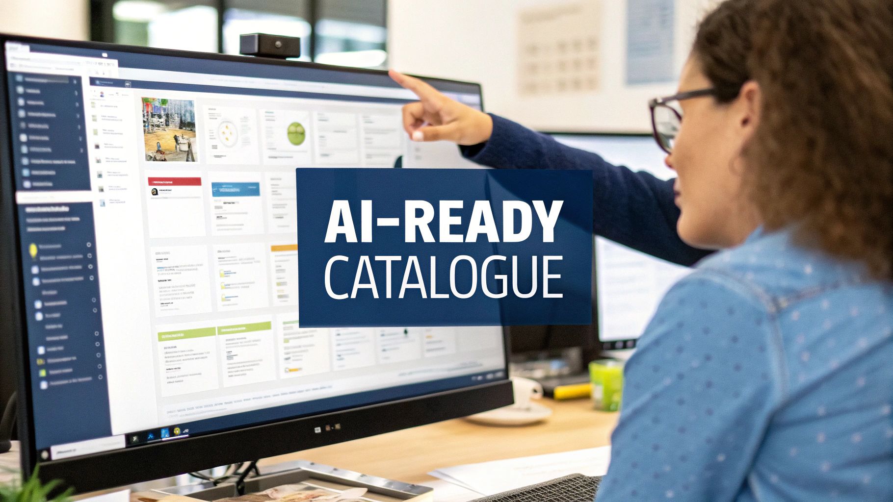 An organised digital workspace showing a product catalogue being transformed from messy supplier data into structured, AI-ready content.