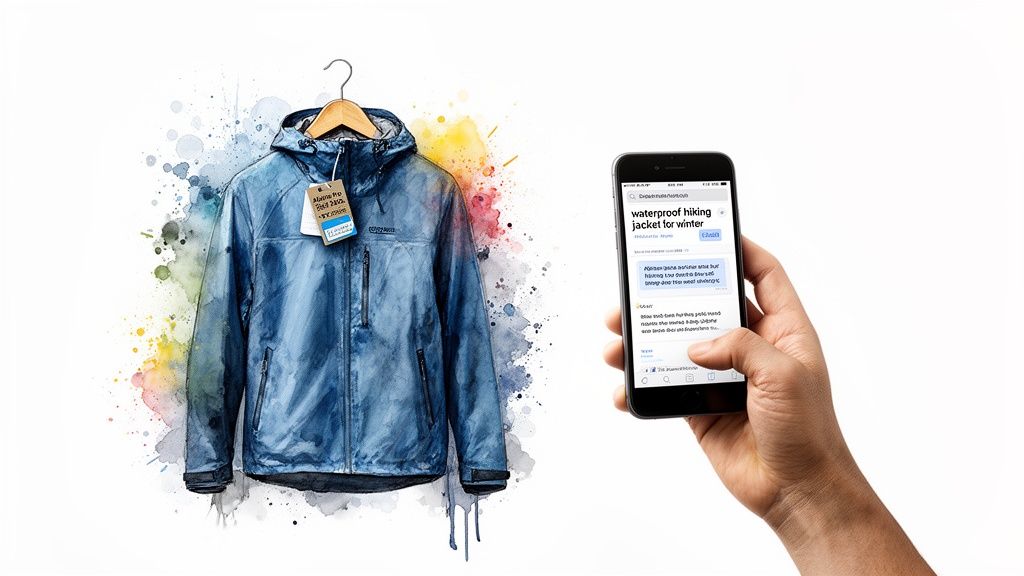 Blue waterproof hiking jacket on a hanger with a tag, next to a hand holding a smartphone searching online.