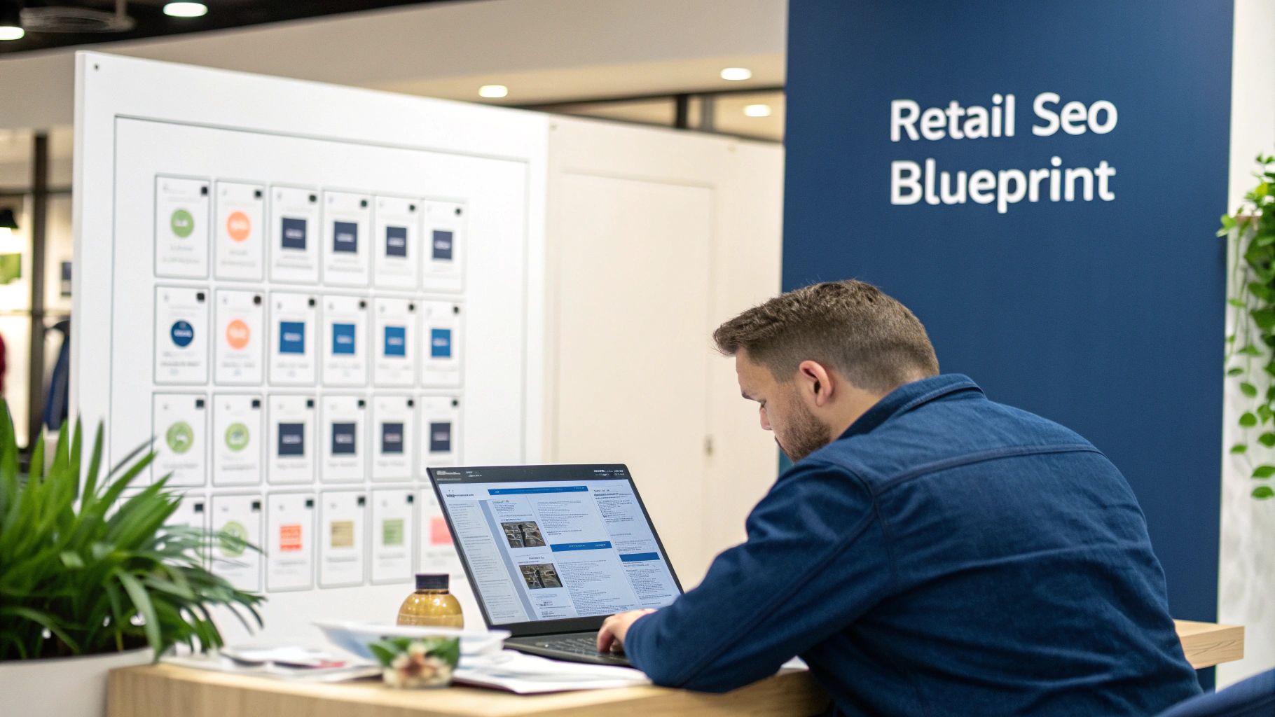 A man in a blue shirt works on a laptop at a desk, with a 'Retail Seo Blueprint' sign visible.