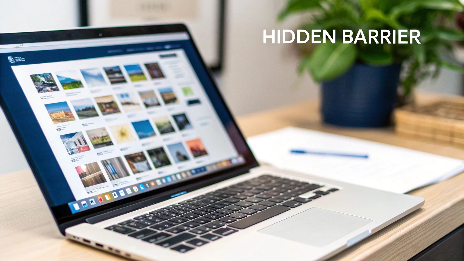 Why Supplier-Led Content Breaks Ecommerce Discovery and How to Fix It 1 A laptop on a wooden desk displays a website with a grid of images. A plant and papers are in the background.