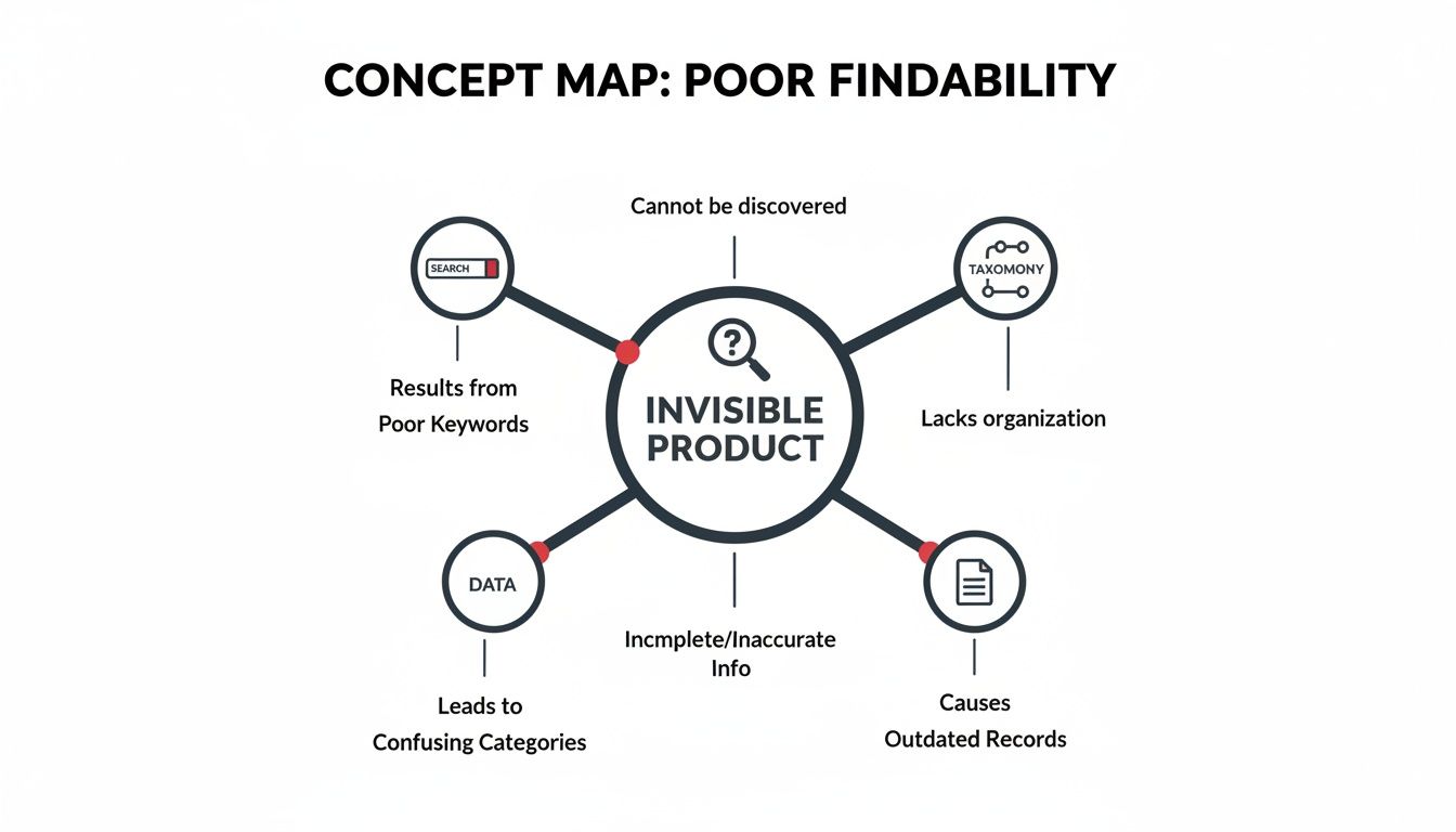 A concept map detailing factors contributing to an "Invisible Product" or poor findability, like poor keywords and data.