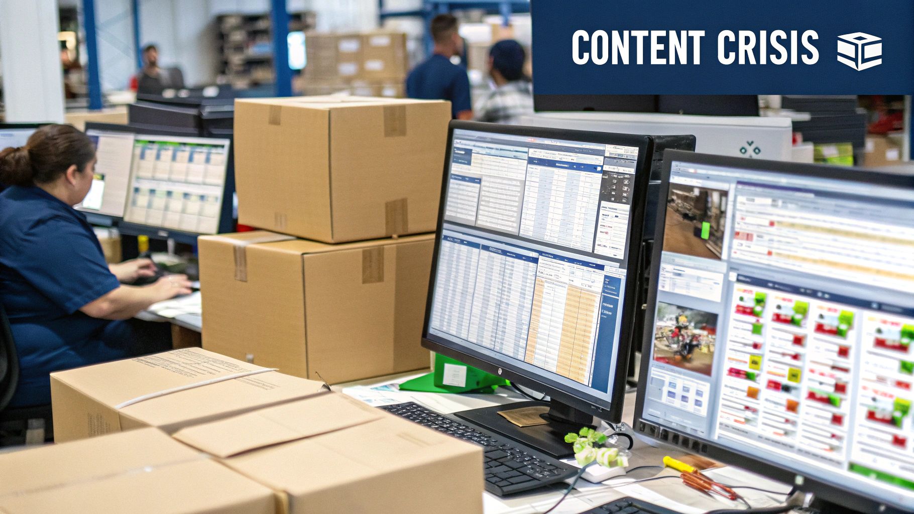 A worker manages digital content on multiple screens in a busy warehouse setting, highlighting a 'Content Crisis'.