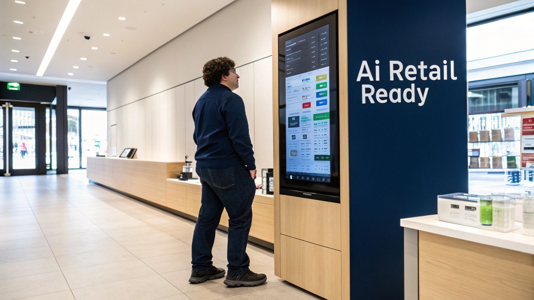 SEO and Copywriting: Boosting Retail Visibility with an AI-Driven Strategy 1 A man interacts with a large digital display in a modern retail space featuring 'AI Retail Ready' signage.