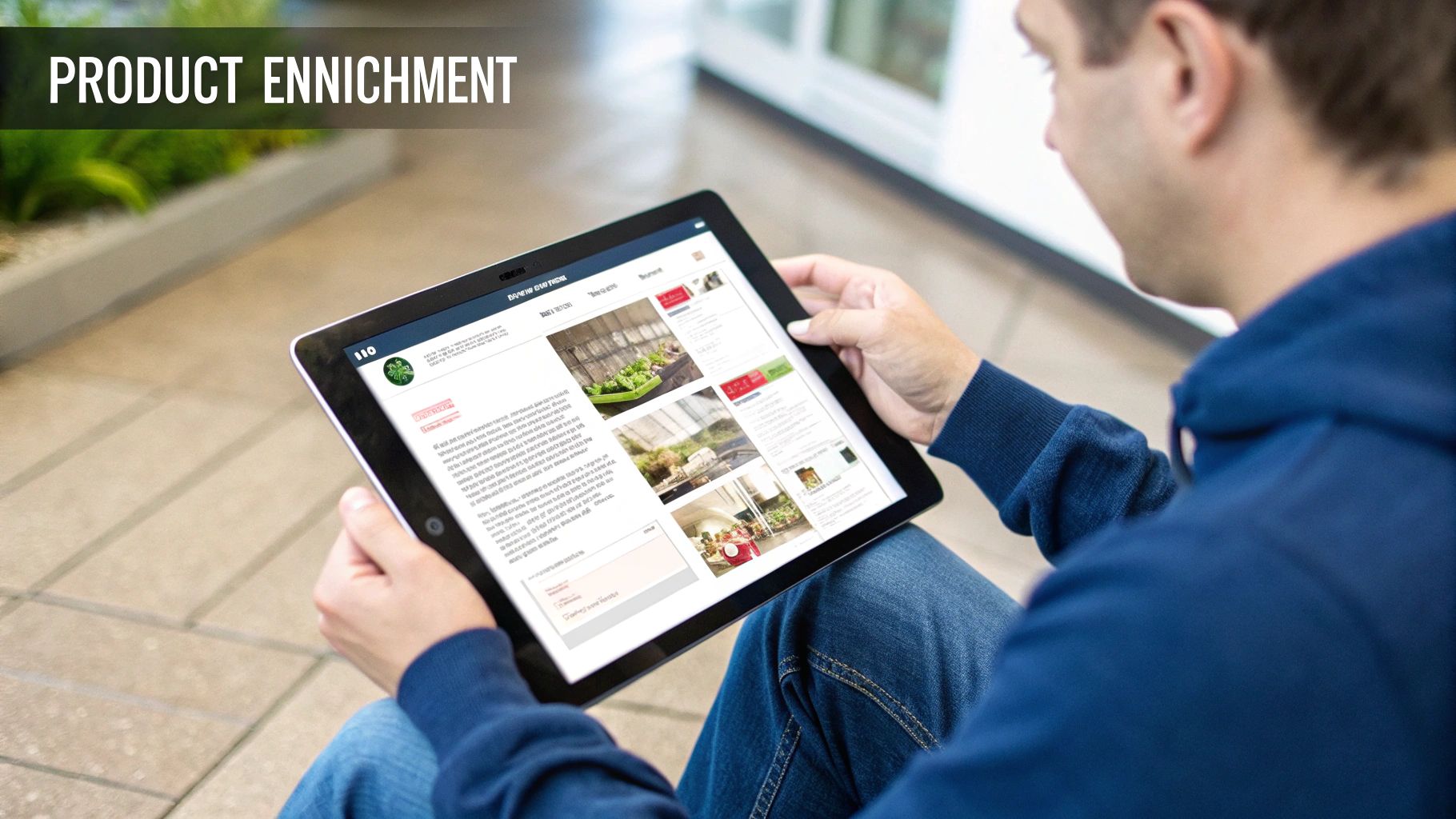 Man using tablet device to view product enrichment interface with images and descriptions