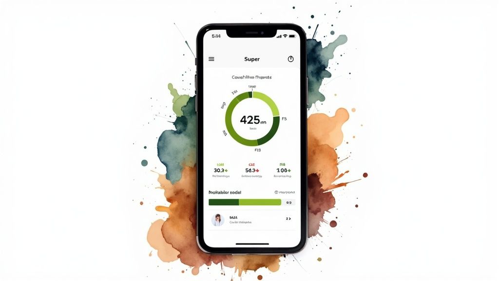 Shopify SEO for Retailers: What Actually Works in 2025 4 A smartphone displays a green data visualization app on a white background with watercolor splashes.