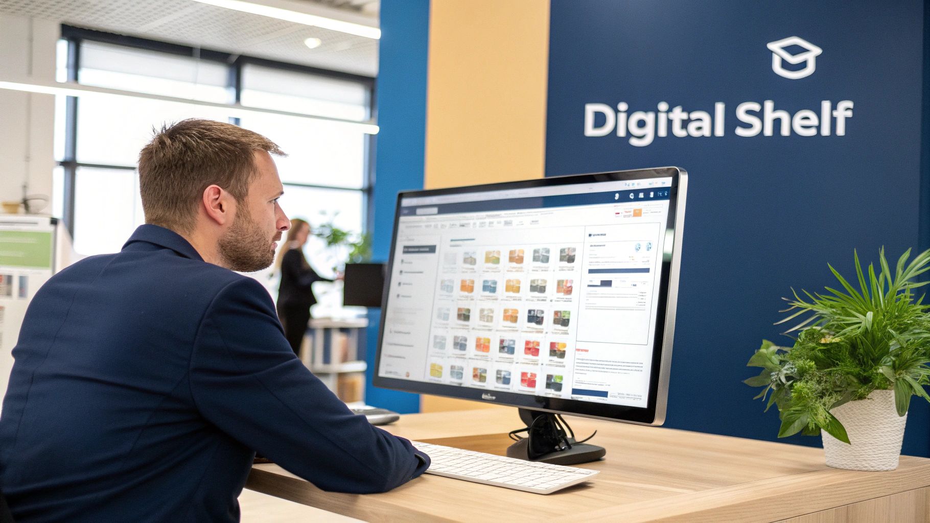 Boosting Digital Shelf Performance with AI SEO 1 A person analysing digital shelf performance data on a laptop and tablet.