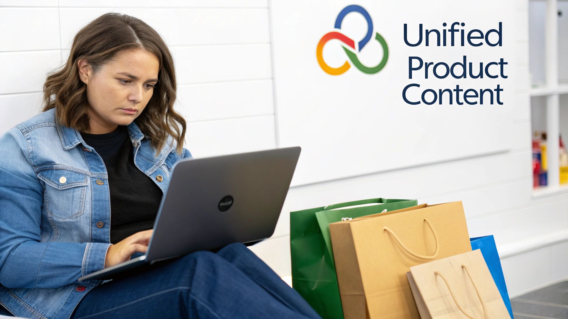 How Fixing Product Content Improves SEO and On-Site Search Simultaneously 1 A focused woman works on a laptop, with shopping bags and 'Unified Product Content' text in the background.