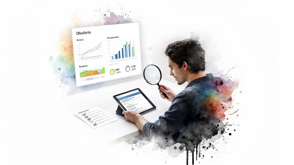 Product Feed Enrichment: A Guide to Australian Retail SEO & SKU Growth 3 Businessman uses magnifying glass to analyze data on tablet and digital charts for optimization.