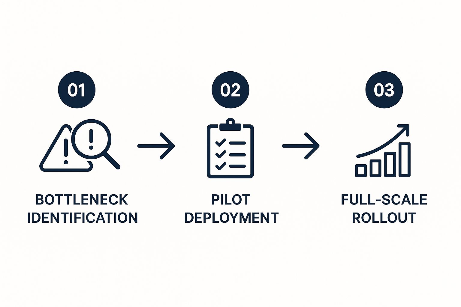 Infographic outlining a three-step process for AI implementation: Bottleneck Identification, Pilot Deployment, and Full-scale Rollout.