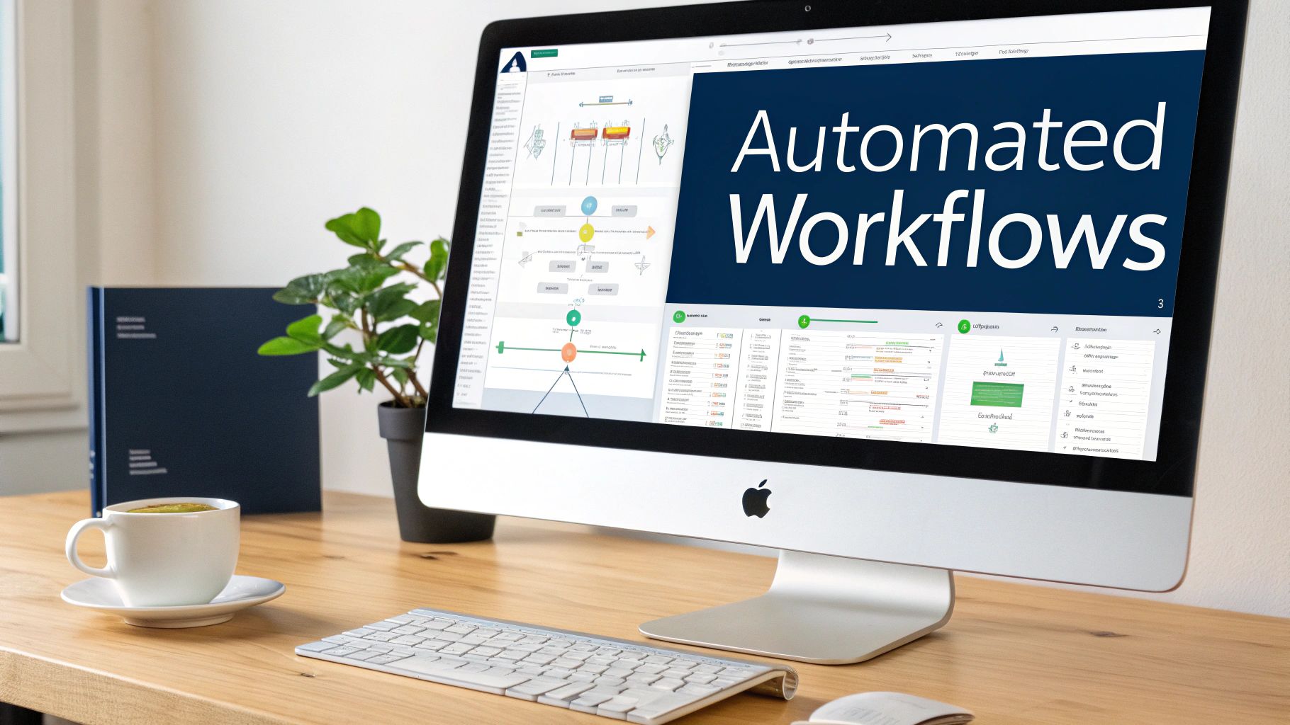 A modern iMac displaying 'Automated Workflows' on a wooden desk with a coffee cup and plant.