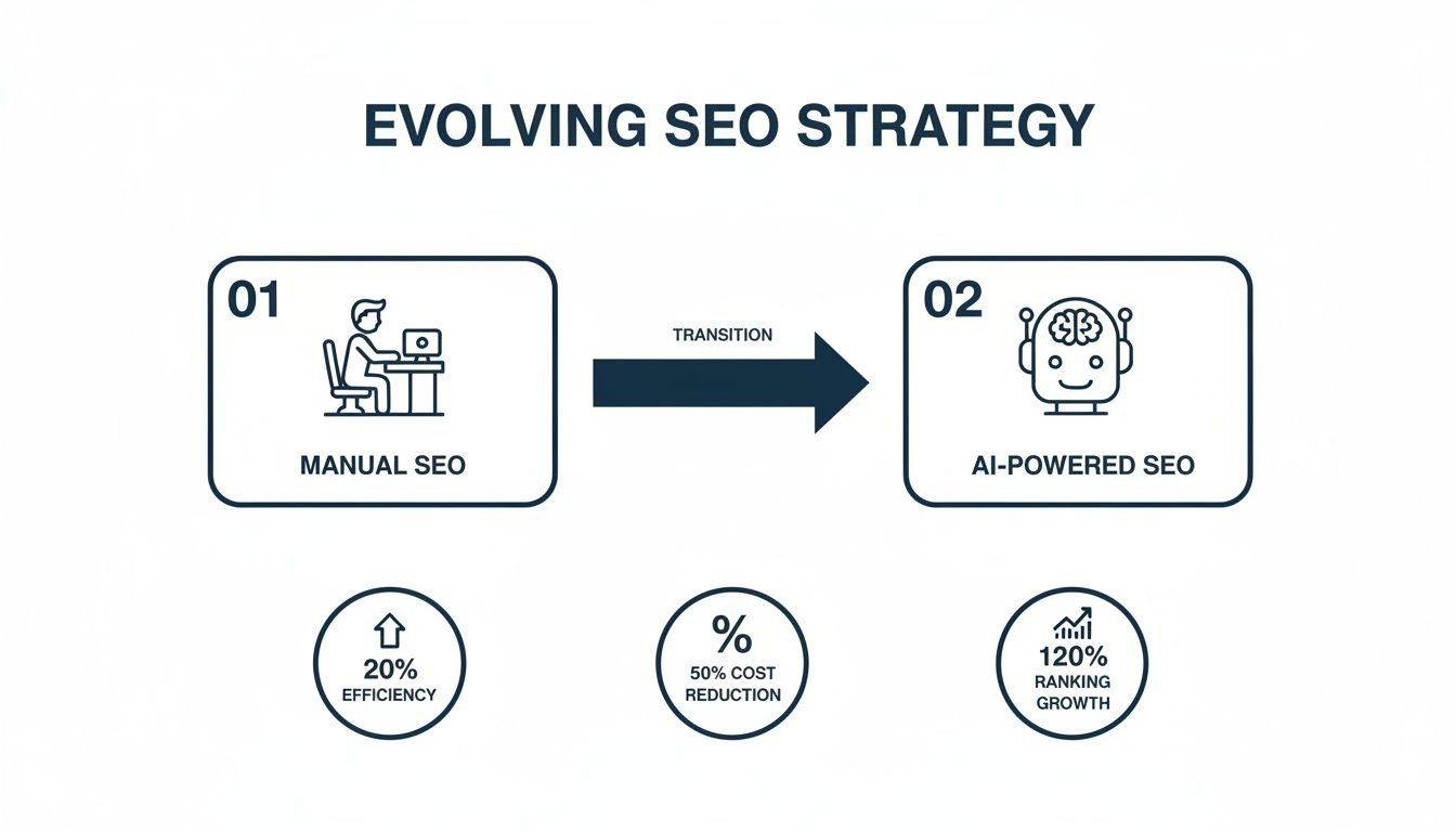 Product Page SEO: A Guide for Australian Retail Leaders 1 Infographic illustrating the transition from manual to AI-powered SEO, showing benefits like increased efficiency, cost reduction, and ranking growth.