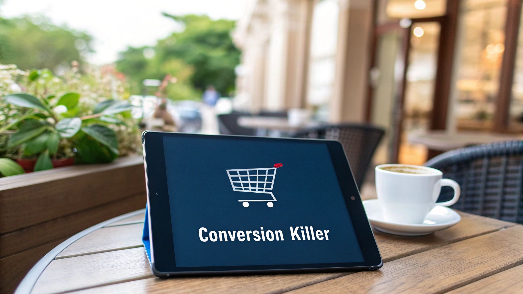 Why Supplier-Led Content Breaks Ecommerce Discovery and How to Fix It 2 A tablet on an outdoor cafe table displays a shopping cart icon and 'Conversion Killer' text, with a coffee cup nearby.