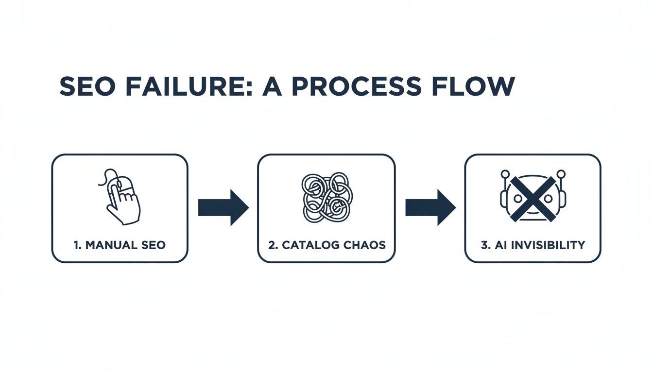 Enterprise SEO Optimisation Insights for the AI Era 1 A process flow diagram showing SEO failure steps: Manual SEO to Catalog Chaos to AI Invisibility.
