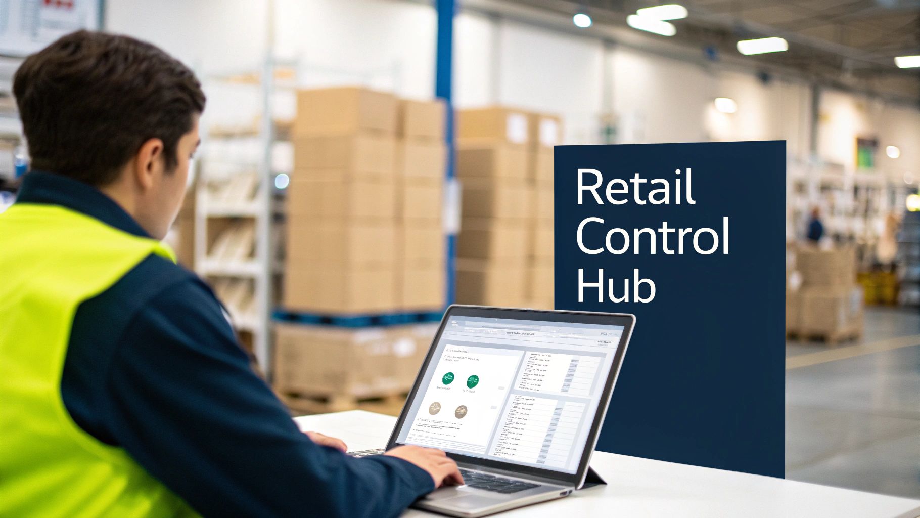 Person in a high-visibility vest uses a laptop displaying software in a warehouse, next to a 'Retail Control Hub' sign.