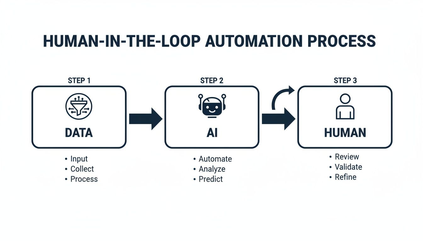 Diagram illustrating the Human-in-the-Loop automation process from data, to AI, to human review, and back to data.