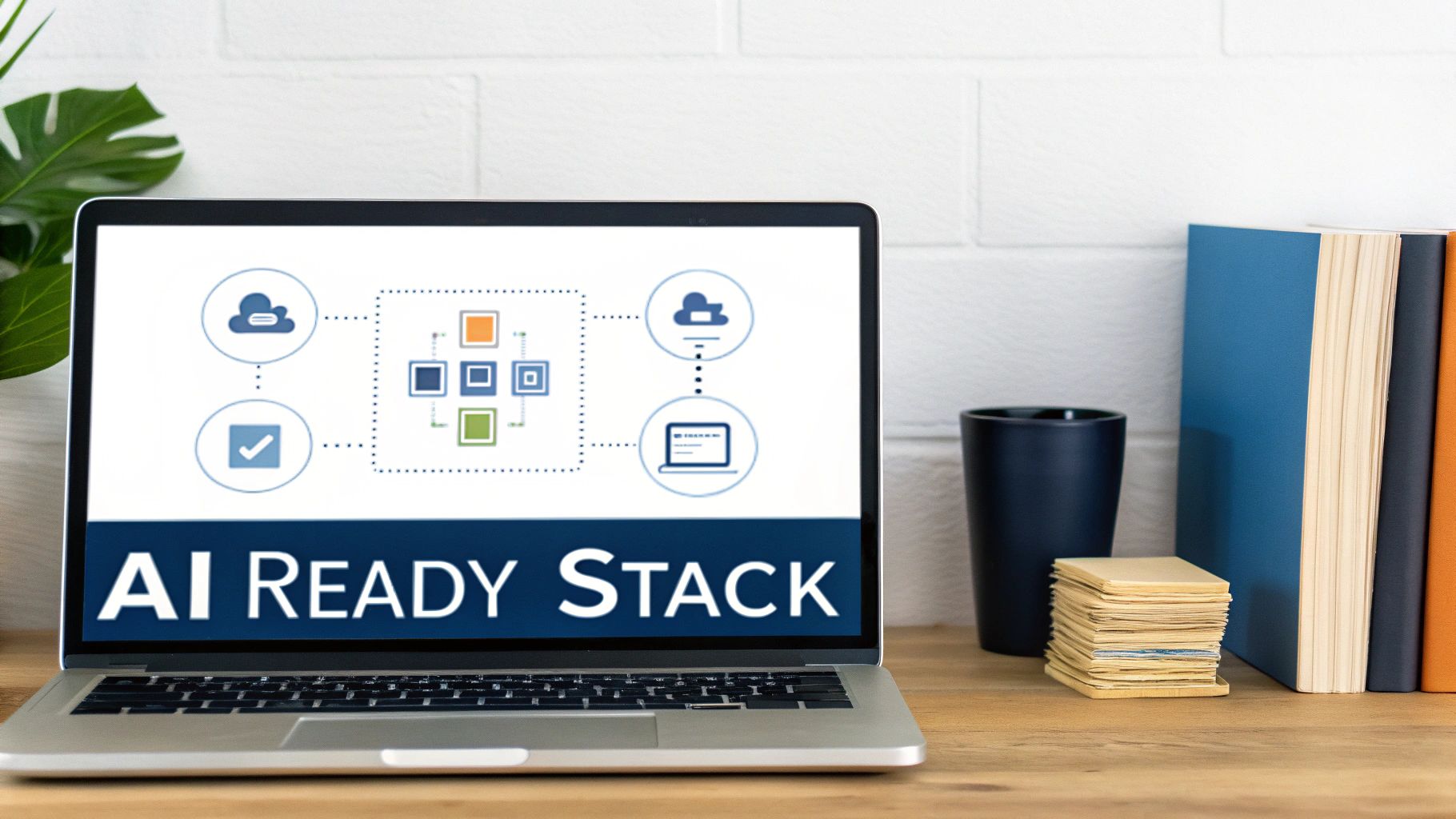 A Future-Proof Marketing Automation Strategy For Retailers 3 A laptop displaying 'AI READY STACK' with software diagrams, alongside books and a cup on a wooden desk.