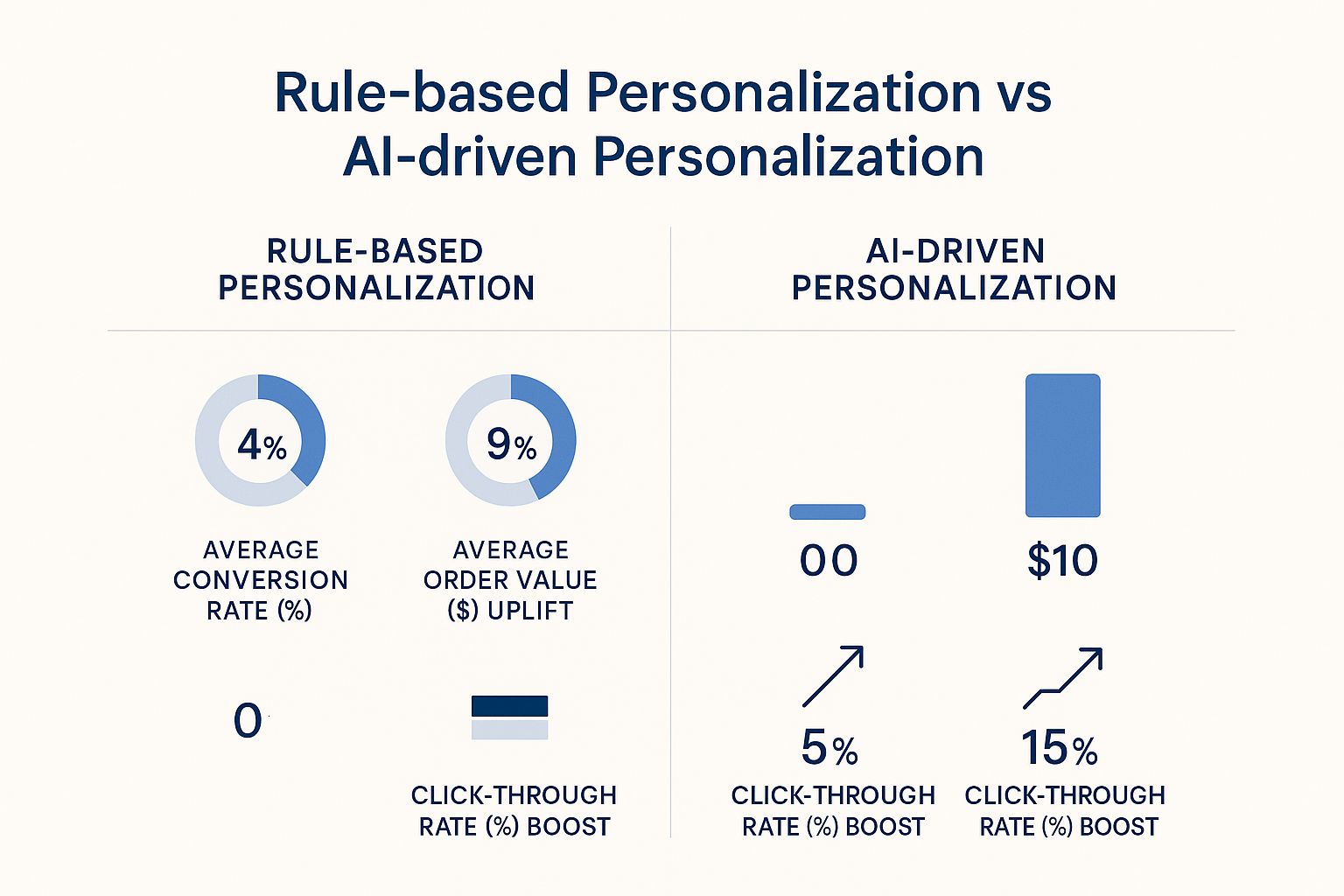 Harness AI in Ecommerce to Boost Australian Retail Success 2 Infographic comparing Rule-based Personalization vs AI-driven Personalization, showing AI's superior performance in conversion rates, order value, and click-through rates.