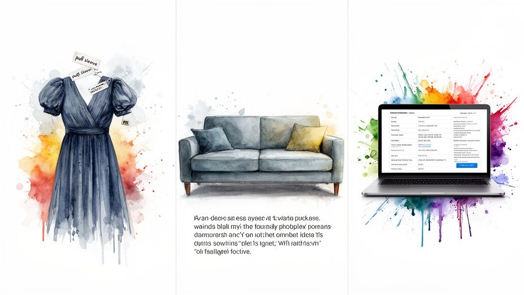 Three watercolor illustrations: a blue dress, a grey sofa with pillows, and a laptop with colorful splashes.