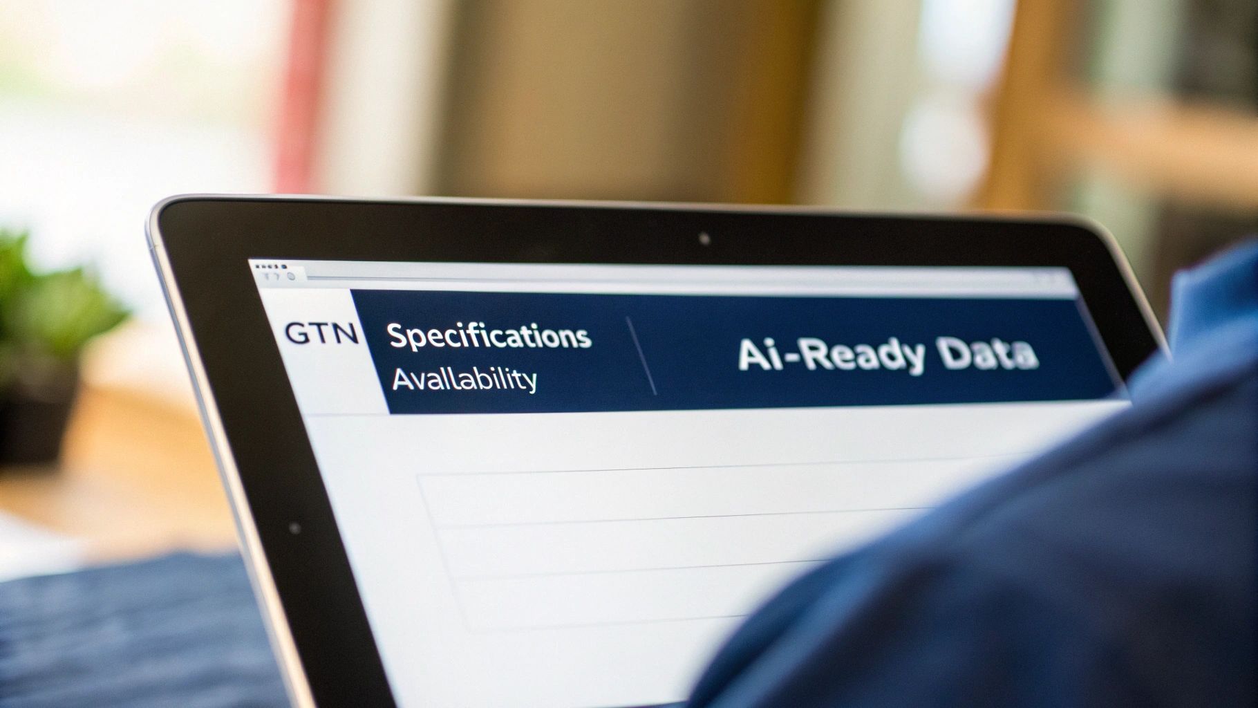 How AI Search Engines Interpret Product Feeds: A Guide for Retail Leaders 3 Close-up of a tablet screen showing a website with 'GTIN', 'Specifications', and 'AI-Ready Data'.